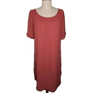 Loft Outlet Babydoll Dress M Crochet Lace Fringe Smocked Stretch Neck Crinkle